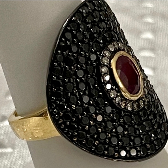 Genuine Carol Brodie Ruby & Black Spinel Ring Yellow Gold over 925 Sz 6! ✨️ - Picture 8 of 11
